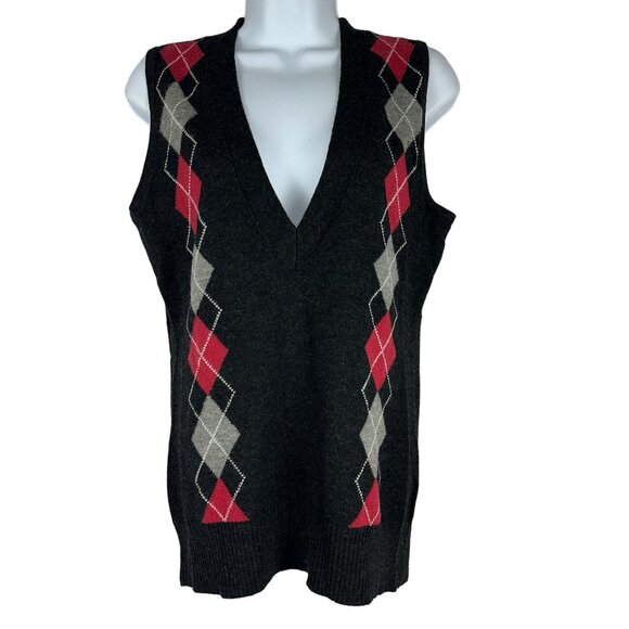 Cabi Argyle Print Black Wool Sleeveless Sweater Vest Size Small 100% Lambswool - Picture 1 of 4